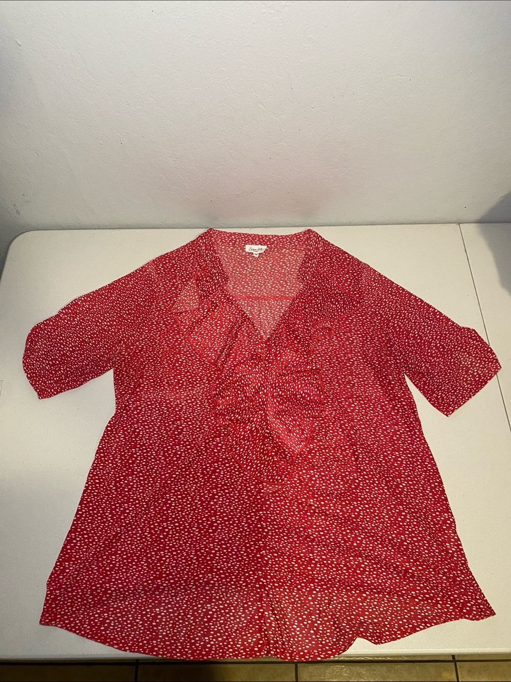 Siren Lily Red Polka Dot Ruffle V-Neck Blouse